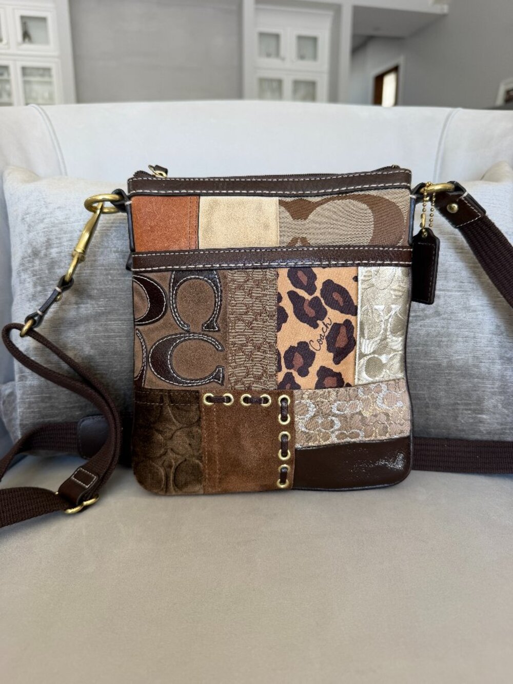 Vintage Coach Patchwork Swingpack Crossbody Bag Brown Multi Leopard